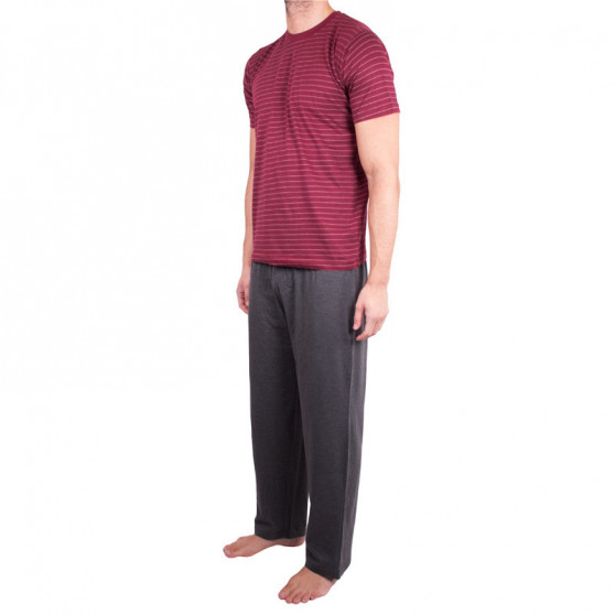 Férfi hosszú pizsama Molvy szürke és piros csíkok (KT-019)